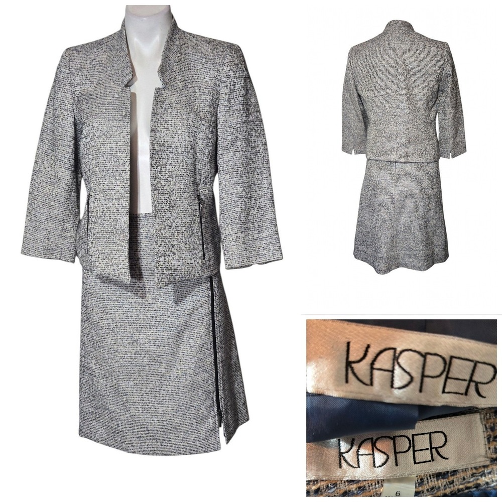 Kasper Womens 6 Skirt Suit Set Blue Tan Tweed Open Front Jacket A-Line Skirt